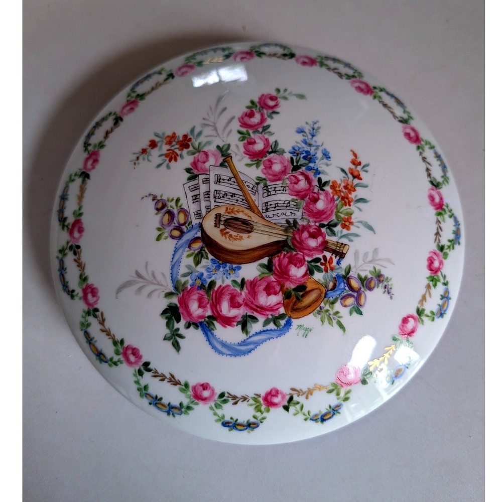 VTG Pirken Hammer Czech Republic Trinket Box Round Porcelain Floral Music Theme